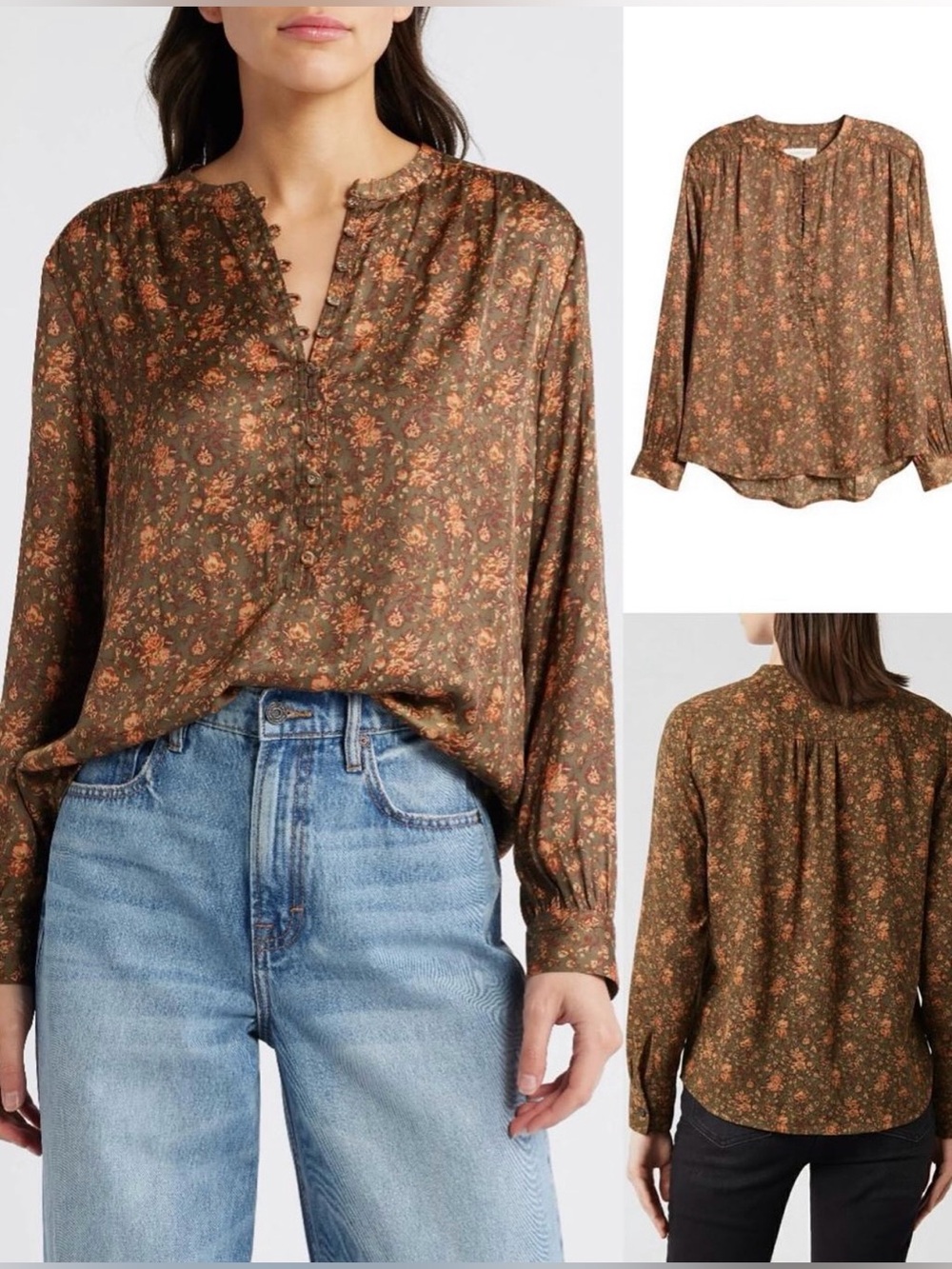 Treasure & Bond Olive Green Floral Henley Blouse